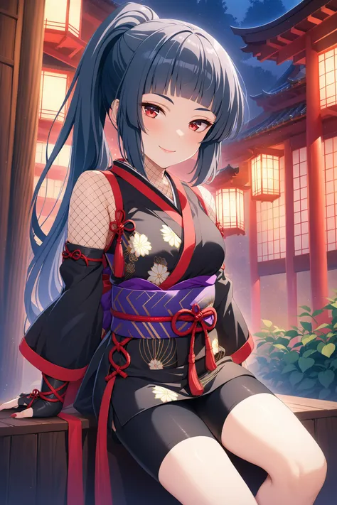 (masterpiece, best quality, very aesthetic, ultra detailed), intricate details, highly detailed background, perfect lightingbest quality, kurokawanagiko, solo, outdoors, night, ninja, dark blue hair, high ponytail, blunt bangs, very long hair, red eyes, medium breasts, black kimono, short kimono, fishnet top, detached sleeves, fingerless gloves, black shorts, bike shorts, short shorts, floral print, japanese clothes, smile, closed mouth, :), pink lips, <lora:Kurokawa-Nagiko-XL-10:0.7>