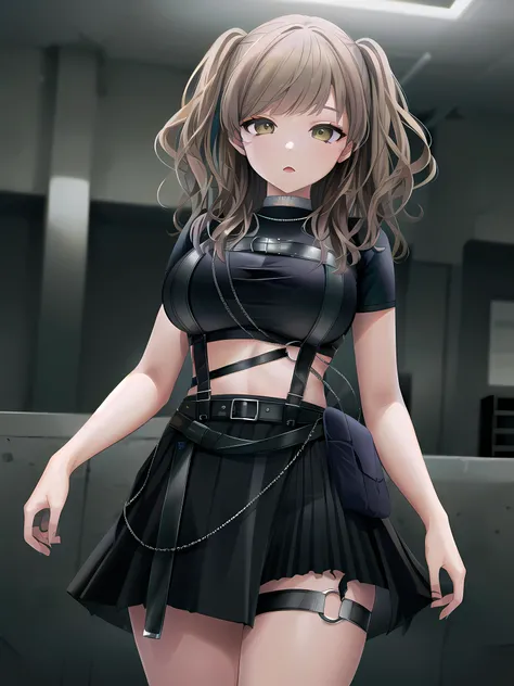 (masterpiece:1.3), (absurdres:1.3), (best quality:1.3), (8K), (large masterpiece digital art), (detailed manga illustration), (handled hair), perfect anatomy, (sharp eyeliner, eyeshadow, detailed eyes:1.1), (intricate details:1.3), (ultra-detailed:1.3), (illustration:1.3), (sharp focus:1.3), (natural lighting:1.05), (vivid colors:1.3), BREAK <lora:sisterCleaire_v1:0.8>, clearire2, 1girl, sister cleaire, light brown hair, yellow eyes, brown eyes, large breasts, long hair, open clothes, black skirt, black socks, short sleeves, chest harness, black shirt, two side up, bangs, crop top, miniskirt, belt, harness, o-ring, midriff, thigh strap, pleated skirt, suspenders, cropped shirt