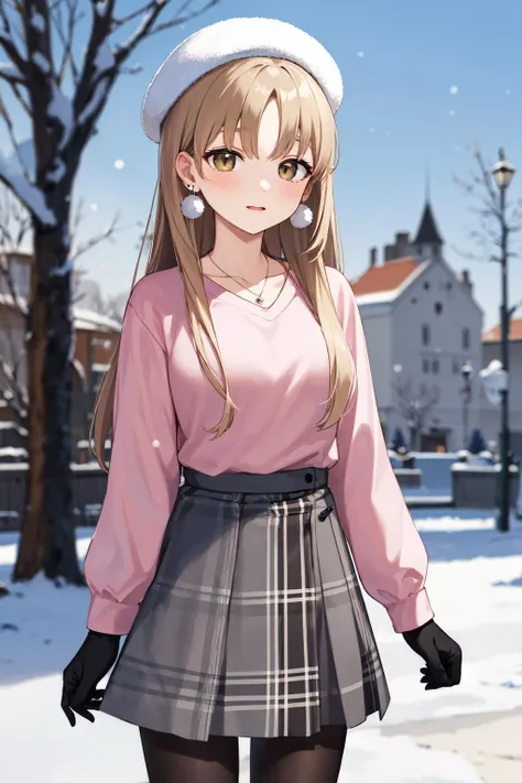 masterpiece, best quality, highres, ccsister, long hair, white headwear, earrings, collarbone, necklace, pink sweater, long sleeves, black gloves, plaid skirt, grey skirt, black pantyhose, <lora:sister_cleaire_v2:0.7>, standing, cowboy shot, outdoors, snow,