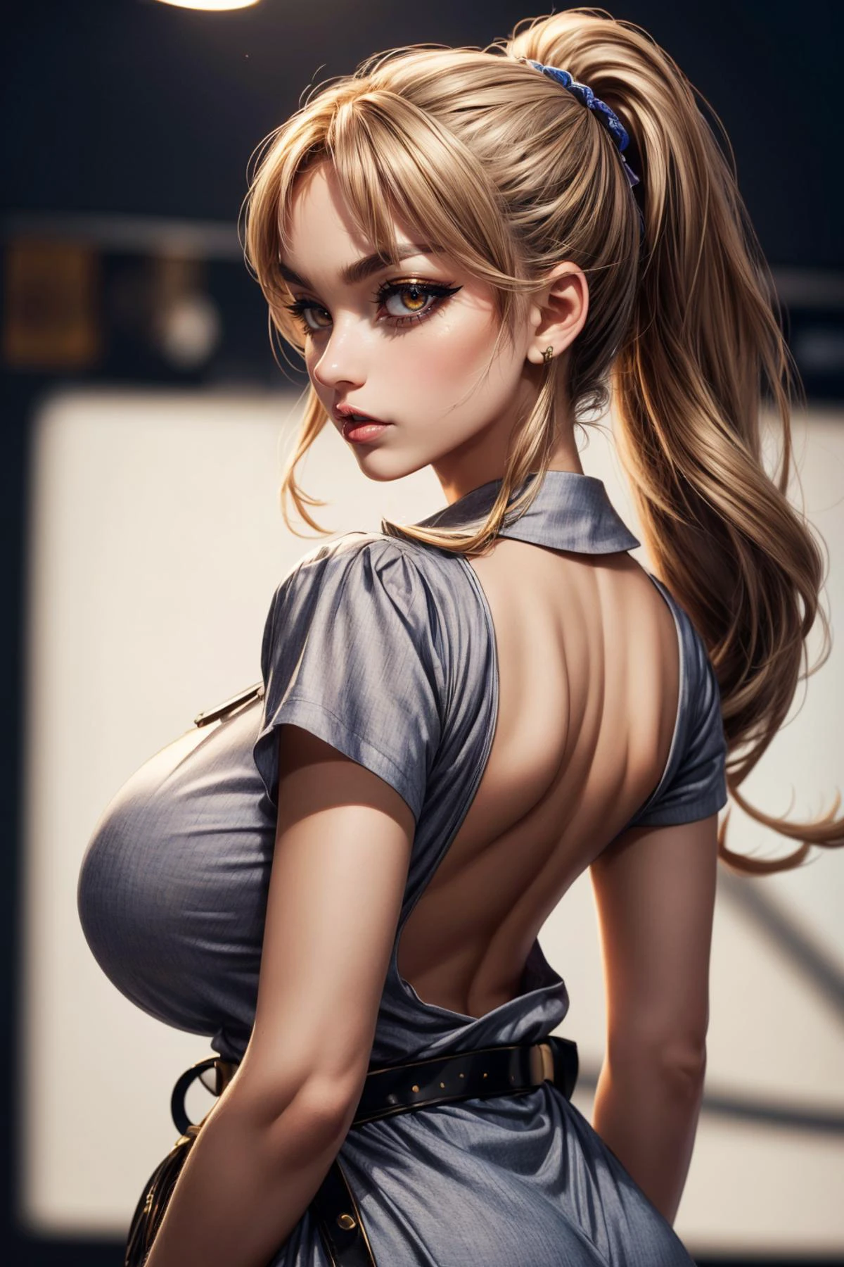 (ultra realistic,32k, masterpiece:1.2),(high detailed skin:1.1),( high quality:1.1),
<lora:sister_cleaire_v2:0.7>(angry, v-shaped eyebrows:1.1),(eyeliner,long lashes, mascara:1.1),yellow eyes, bbsister, long hair, ponytail, sidelocks, collared dress, grey dress, short sleeves, buttons, black belt,(blank background:1.2) (blurry background:1.2),(from behind,thick ass, looking at viewer, standing,:1.1), backless dress,, (huge breast,large breast:1.1),<lora:add_detail:1>,full body,
(beautifully lit:1.1),