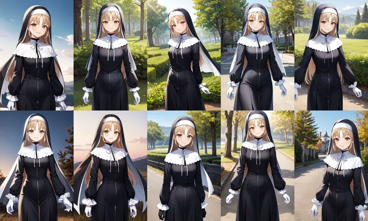masterpiece, best quality, highres, aasister, long hair, nun, habit, white capelet, neck ribbon, (black dress:1.2), long sleeves, white gloves, full-length zipper, <lora:sister_cleaire_v2:0.7>, smile, standing, cowboy shot, outdoors, arms at sides,