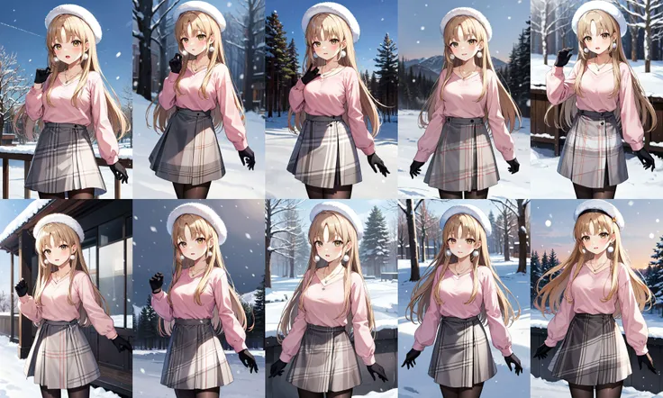 masterpiece, best quality, highres, ccsister, long hair, white headwear, earrings, collarbone, necklace, pink sweater, long sleeves, black gloves, plaid skirt, grey skirt, black pantyhose, <lora:sister_cleaire_v2:0.7>, standing, cowboy shot, outdoors, snow,