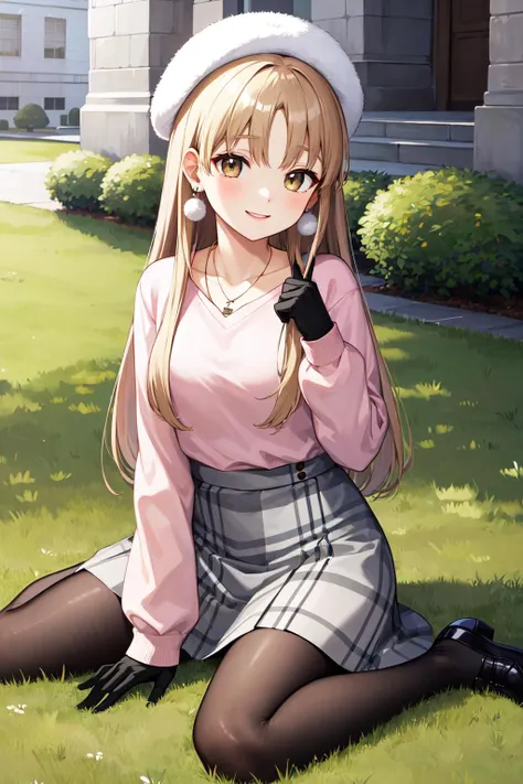 masterpiece, best quality, highres, ccsister, long hair, white headwear, earrings, collarbone, necklace, pink sweater, long sleeves, black gloves, plaid skirt, grey skirt, black pantyhose, <lora:sister_cleaire_v2:0.7>, grass, park, building, wariza, smile