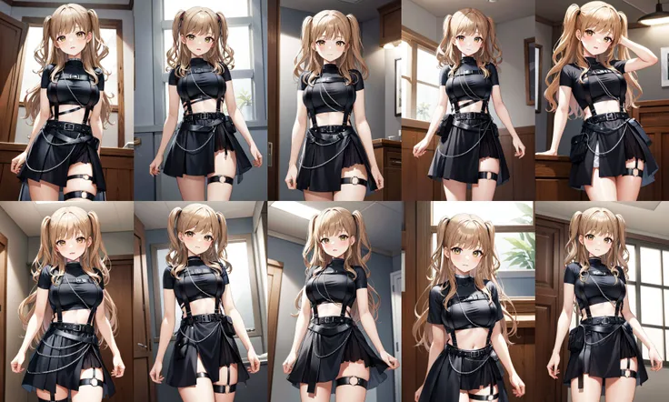 masterpiece, best quality, highres, ddsister, long hair, two side up, wavy hair, crop top, cropped shirt, black shirt, short sleeves, chest harness, suspenders, midriff, miniskirt, black skirt, thigh strap, <lora:sister_cleaire_v2:0.7>, standing, cowboy shot, indoors, arms at sides,