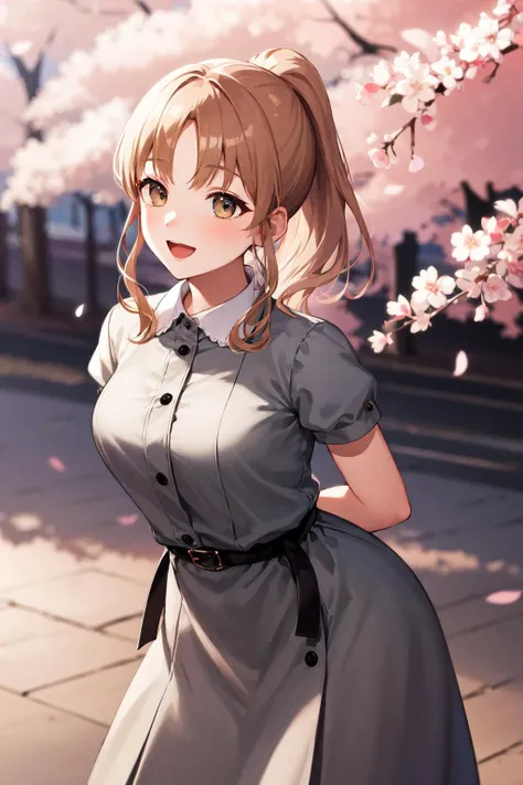 masterpiece, best quality, highres, bbsister, long hair, ponytail, sidelocks, collared dress, grey dress, short sleeves, buttons, black belt, <lora:sister_cleaire_v2:0.7>, smile, open mouth, standing, cowboy shot, leaning forward, outdoors, cherry blossoms, arms behind back,