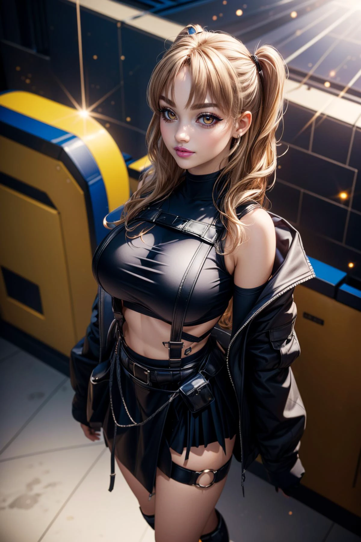 (ultra realistic,32k, masterpiece:1.2),(high detailed skin:1.1),( high quality:1.1),
<lora:sister_cleaire_v2:0.7>(smile , v-shaped eyebrows:1.1),(eyeliner,long lashes, mascara:1.1),yellow eyes, ddsister, long hair, two side up, wavy hair, black mask, crop top, cropped shirt, black shirt, chest harness, suspenders, off shoulder, black jacket, open jacket, long sleeves, midriff, miniskirt, black skirt, thigh strap,gravity manipulation facility, altering gravitational forces, anti-gravity experiments, space-time distortion (blurry background:1.2),(looking at viewer, standing, from above:1.1),, (huge breast,large breast:1.1),<lora:add_detail:0.78>,full body,
(backlight:1.1),