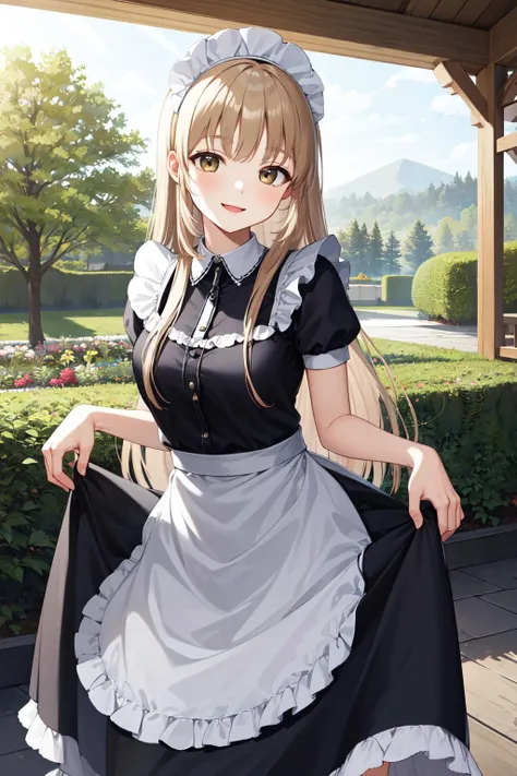 masterpiece, best quality, highres, aasister, long hair,  <lora:sister_cleaire_v2:0.7>, maid headdress, maid, skirt hold, smile, garden