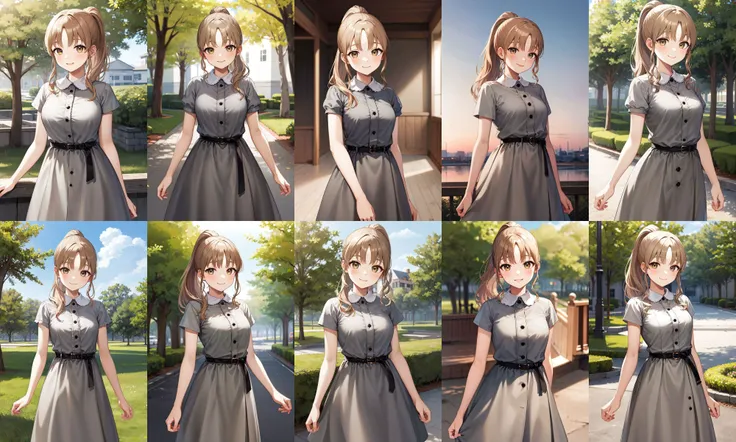 masterpiece, best quality, highres, bbsister, long hair, ponytail, sidelocks, collared dress, grey dress, short sleeves, buttons, black belt, <lora:sister_cleaire_v2:0.7>, standing, smile, park, cowboy shot,