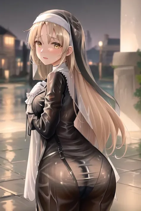masterpiece, best quality, highres, clearire1, 1girl, sister cleaire, outdoors, heavy rain,looking away,
nun, white gloves, medium breasts, parted bangs, light brown hair, very long hair, blonde hair,yellow eyes,hand on own chest,
(bra:1.1), black lace-trimmed panties, streaming tears, depressed,cameltoe, covered nipples, ass focus,from behind,
breast bondage,slave,(transparent sheer coat),wet_shirt,see-through,(wet clothes:1.5),
<lora:sisterCleaire_v1:0.6>,