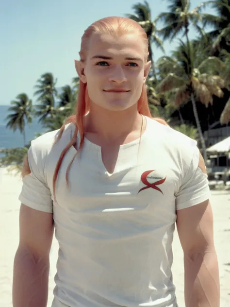 legolas, (posing at the beach:1.2), palm trees the background, (wearing a white t-shirt:1.2), (red hair:1.3), smiling, sharp, amazing, bokeh, canon dslr, still <lyco:legolas_v1.0:1>