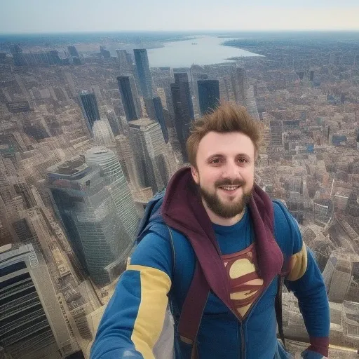 a [man:happy smiling man:4] in an open jacket wearing a ((superhero)) superman outfit  selfie with a blurry city view from the top of a skyscraper <lora:forsen:1>