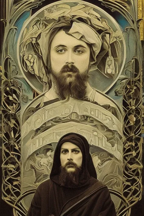 (masterpiece:1.6), best quality, Alphonse Mucha, tarot card, high contrast, highes, high definition, a man with a beard in a dark hoodie, golden ratio, symmetrical ornament<lora:forsen:1.1>