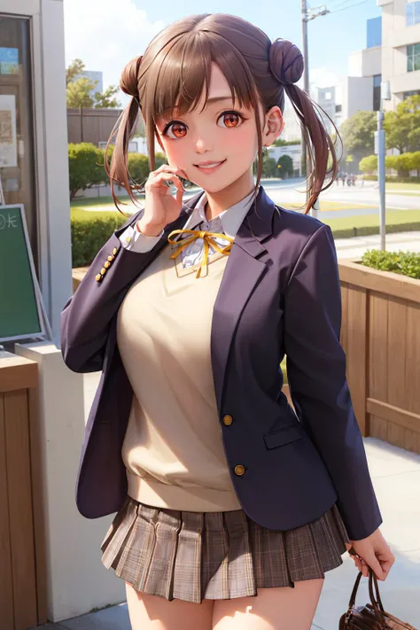 (masterpiece, best quality:1.2), <lyco:idolmaster_sonoda-10:1.0>, cowboy shot, solo, 1girl, sonoda chiyoko, smile, closed mouth, looking at viewer, hand on own face, twintails, double bun, red eyes, school uniform, jacket, shirt, yellow ribbon, long sleeves, plaid skirt