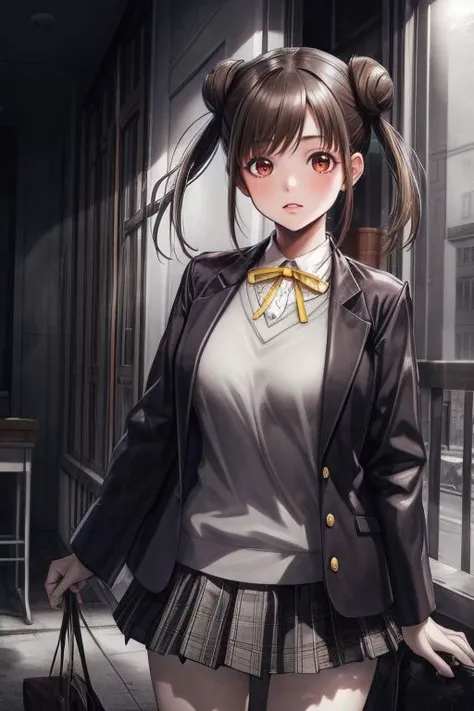 <lora:add_detail:0.75>
(Photorealistic, best quality, masterpiece, high contrast), 1girl,
sonoda chiyoko, brown hair, twintails, double bun, red eyes,school uniform, jacket, shirt, yellow ribbon, long sleeves, plaid skirt
 <lora:idolmaster_sonoda:1>