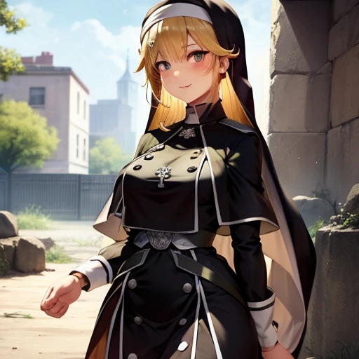 (masterpiece),(best quality),extreamly delicate and beautiful,illustration,((perfect female figure)),1 nun girl,blonde hair,stocking,outdoors ruins background,loving expression