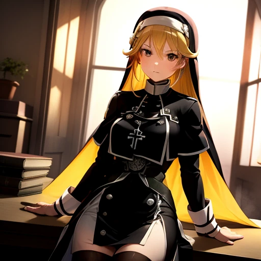 (masterpiece),(best quality),extreamly delicate and beautiful,illustration,((perfect female figure)),1 pure nun girl,blonde hair,stocking