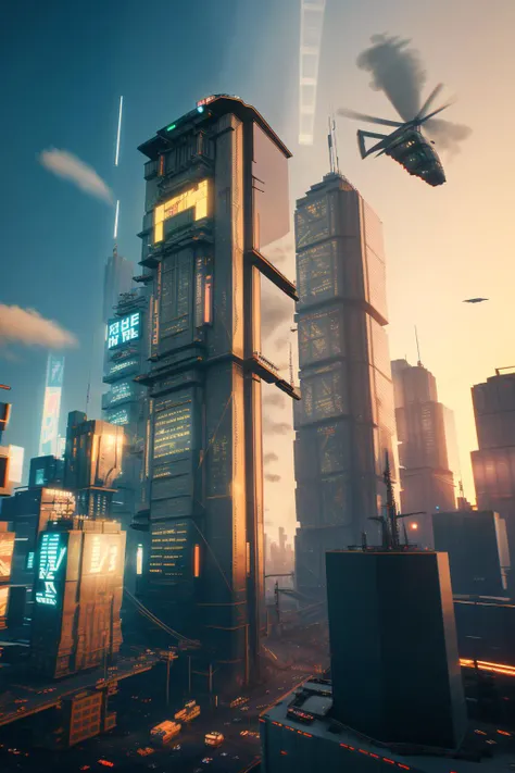 a city with a lot of tall buildings and a lot of traffic on the street in front of it, Beeple, unreal 5, cyberpunk art, retrofuturism , architecture, bridge, building, castle, city, city_lights, cityscape, cloud, cloudy_sky, east_asian_architecture, outdoors, pagoda, river, rooftop, scenery, sky, skyline, skyscraper, sunset, tower , 2077_Style