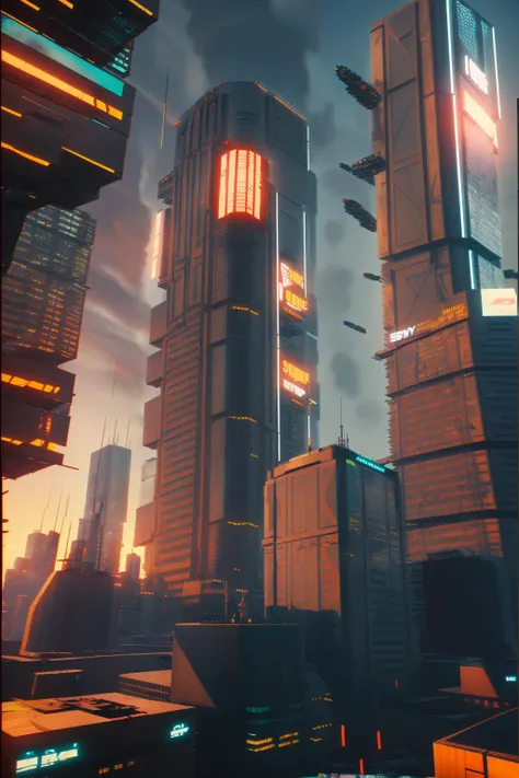 a city with a lot of tall buildings and a lot of traffic on the street in front of it, Beeple, unreal 5, cyberpunk art, retrofuturism , architecture, bridge, building, castle, city, city_lights, cityscape, cloud, cloudy_sky, east_asian_architecture, outdoors, pagoda, river, rooftop, scenery, sky, skyline, skyscraper, sunset, tower , 2077_Style