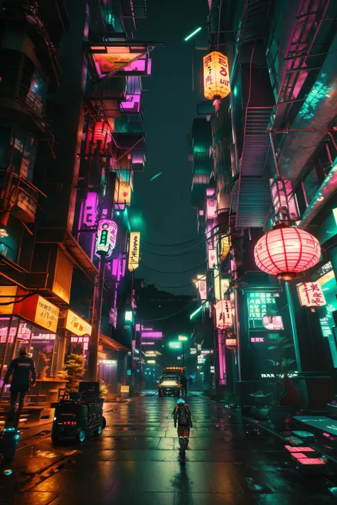 a fish is in the middle of a city street at night with lights and lanterns hanging from the buildings, Akihiko Yoshida, unreal 5, a screenshot, maximalism , 2077_Style