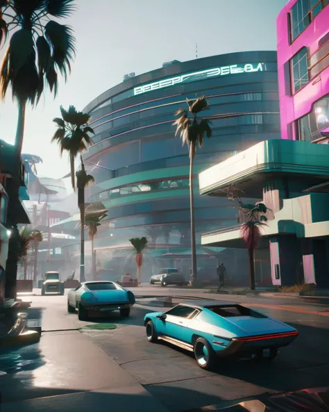 a car parked in front of a building with palm trees in the background and people walking around it in a city, Beeple, unreal engine 5 rendered, a screenshot, retrofuturism <lora:2077_Style:1.0>