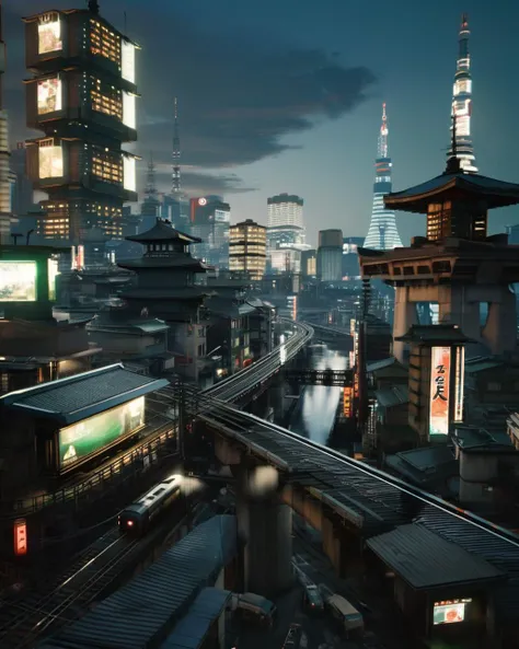 a city with a train on the tracks and a lot of tall buildings in the background with a sky line, Cedric Seaut (Keos Masons), unreal engine 4k, a detailed matte painting, retrofuturism , architecture, bridge, building, castle, chimney, city, city_lights, cityscape, clock_tower, east_asian_architecture, library, no_humans, outdoors, pagoda, river, road, rooftop, scenery, sky, skyline, skyscraper, street, tokyo_\(city\), tower, town , cyberpunk city<lora:2077_Style:1.0>