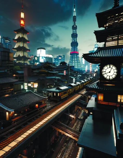 a city with a train on the tracks and a lot of tall buildings in the background with a sky line, Cedric Seaut (Keos Masons), unreal engine 4k, a detailed matte painting, retrofuturism, architecture, bridge, building, castle, chimney, city, city_lights, cityscape, clock_tower, east_asian_architecture, library, no_humans, outdoors, pagoda, river, road, rooftop, scenery, sky, skyline, skyscraper, street, tokyo_\(city\), tower, town, cyberpunk city<lora:2077_Style:1.0><lora:add-detail-xl:0.9>