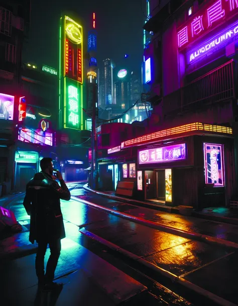 a man talking on a cell phone in a city at night with neon signs and neon lights on the buildings, Altichiero, unreal engine 4k, a screenshot, photorealism, building, city, cityscape, cyberpunk, night, road, scenery, sign, skyscraper, street<lora:2077_Style:1.0><lora:add-detail-xl:0.9>