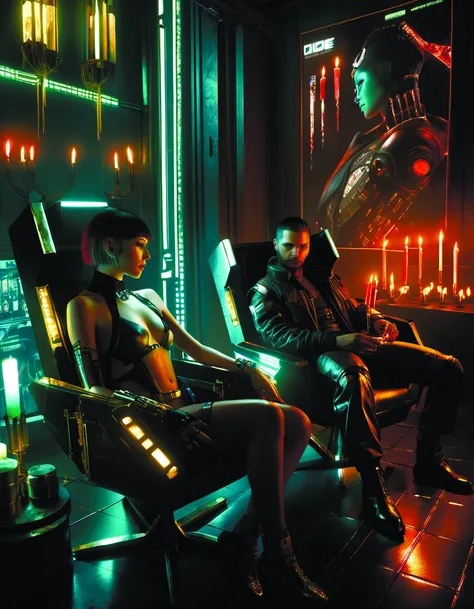 a man and a woman sitting in a chair in a room with candles, Eddie Mendoza, cyberpunk, cyberpunk art, retrofuturism, brown_hair, short_hair, sitting <lora:2077_Style:1.0> <lora:add-detail-xl:0.9>