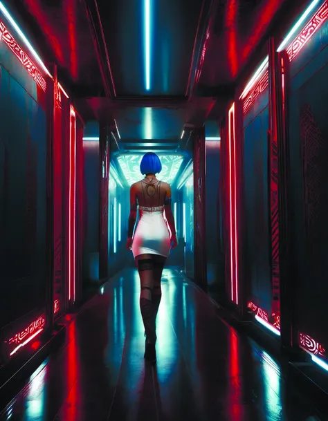 a woman in a white dress walking down a hall with red lights on the walls and a mirror behind her, Eve Ryder, concept art, retrofuturism, 1girl, blue_hair, tribal tattoos, thighhighs <lora:2077_Style:1.0> <lora:add-detail-xl:0.9>