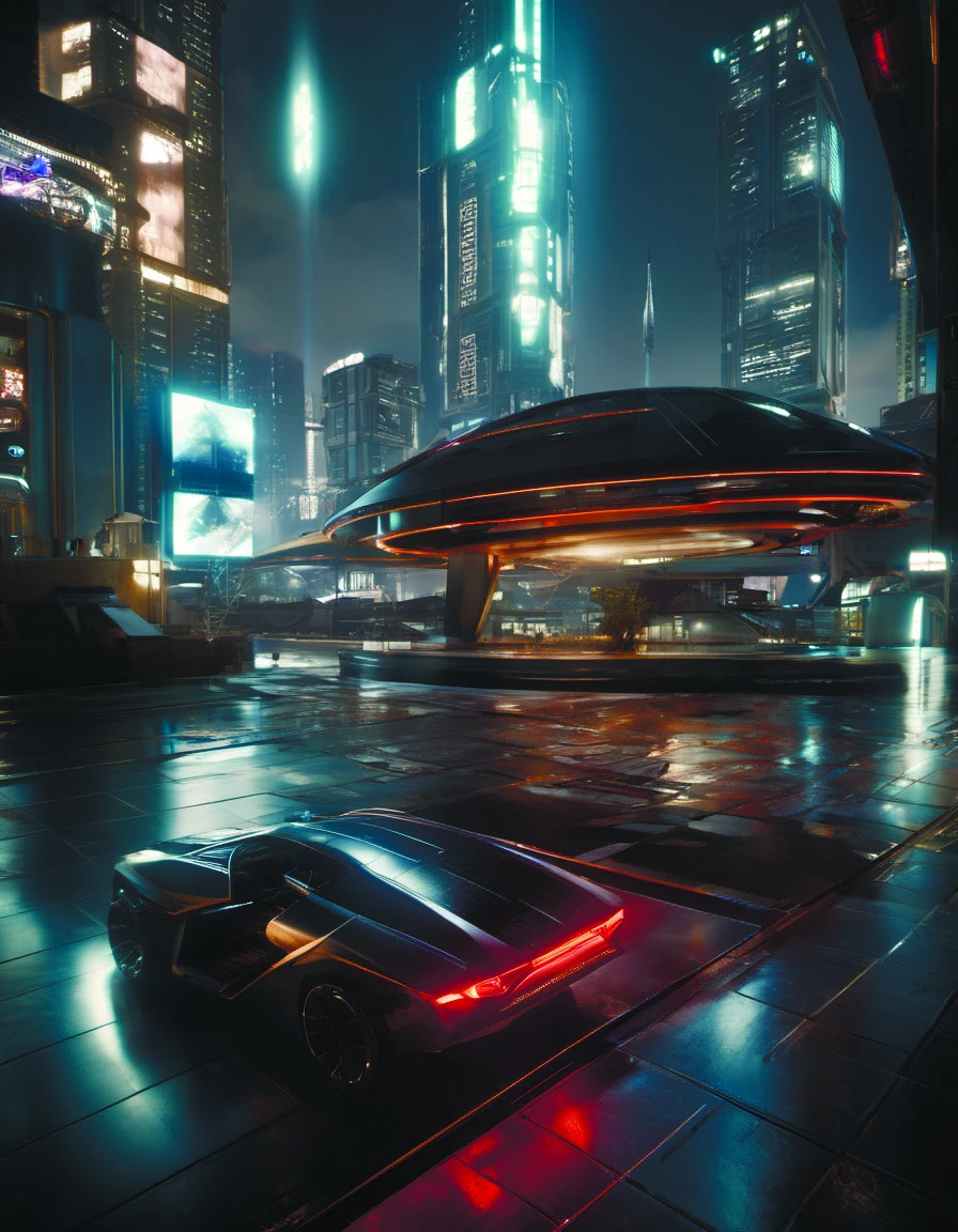 a futuristic building with a large screen and a car in the middle of the building and a lot of lights, Eve Ryder, unreal engine 5 rendered, concept art, retrofuturism, building, city, long_hair, scenery<lora:2077_Style:1.0> <lora:add-detail-xl:0.9>