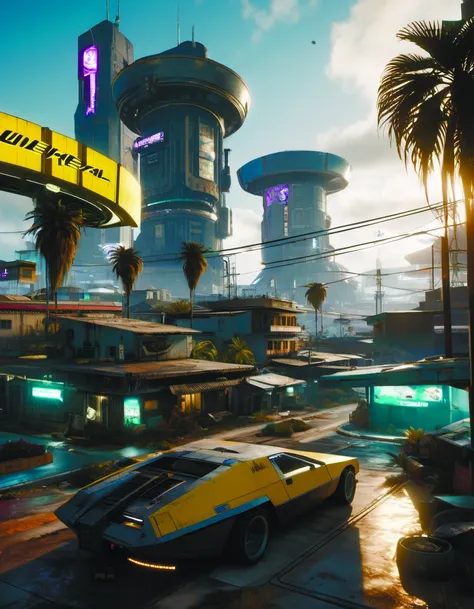 a seedy futuristic city with palm trees in the background inspired by cyberpunk 2077, post-apocalypse, and a futuristic building in the foreground, Eddie Mendoza, unreal 5, concept art, maximalism, building, city, cloud, ground_vehicle, no_humans, potted_plant, road, scenery, sky, sunset, tree, window<lora:2077_Style:1.0> <lora:add-detail-xl:0.9>