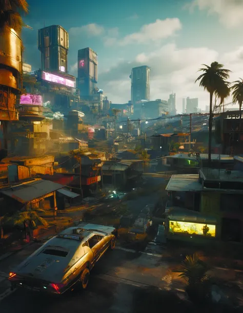 a seedy futuristic city with palm trees in the background inspired by cyberpunk 2077, post-apocalypse, and a futuristic building in the foreground, Eddie Mendoza, unreal 5, concept art, maximalism, building, city, cloud, ground_vehicle, no_humans, potted_plant, road, scenery, sky, sunset, tree, window<lora:2077_Style:1.0> <lora:add-detail-xl:0.9>