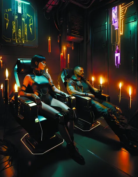 a man and a woman sitting in a chair in a room with candles, Eddie Mendoza, cyberpunk, cyberpunk art, retrofuturism, brown_hair, short_hair, sitting <lora:2077_Style:1.0> <lora:add-detail-xl:0.9>