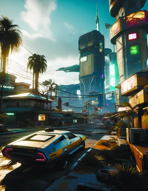 a seedy futuristic city with palm trees in the background inspired by cyberpunk 2077, post-apocalypse, and a futuristic building in the foreground, Eddie Mendoza, unreal 5, concept art, maximalism, building, city, cloud, ground_vehicle, no_humans, potted_plant, road, scenery, sky, sunset, tree, window<lora:2077_Style:1.0><lora:add-detail-xl:0.9>