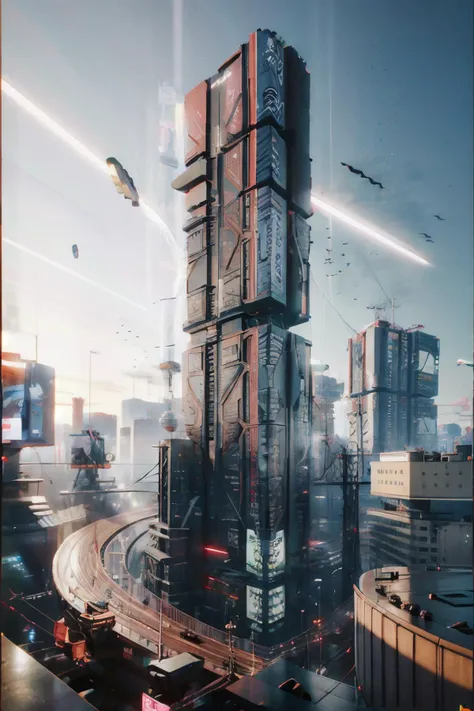 a futuristic building with a large screen and a car in the middle of the building and a lot of lights, Eve Ryder, unreal engine 5 rendered, concept art, retrofuturism, building, city, long_hair, scenery, 2077_Style, <lora:2077_Style:1>