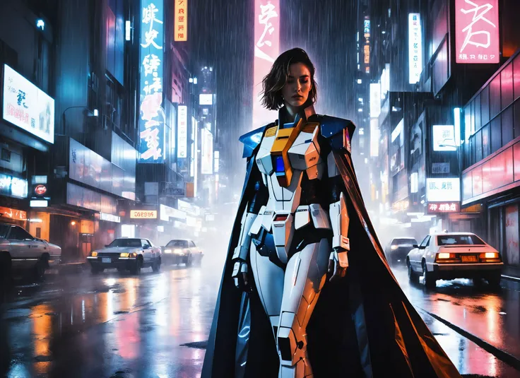 (GISELLE), nighttime, cyberpunk city, dark, raining, neon lights , (<lora:sdxl_loha_RX78_v2:0.5> gundam\(rx78\), mobile suit, mecha armor, body suit ,<lora:2077_Style:0.5>), cyberpunk, synthwave, 1980s, futurism, brutalism, neuromancer, cinematic photo in antartica, (super hero short cape),art by Agnes Cecile