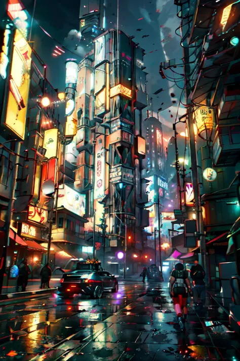 a futuristic building with a large screen and a car in the middle of the building and a lot of lights, Eve Ryder, unreal engine 5 rendered, concept art, retrofuturism, building, city, long_hair, scenery, 2077_Style, <lora:2077_Style:1>