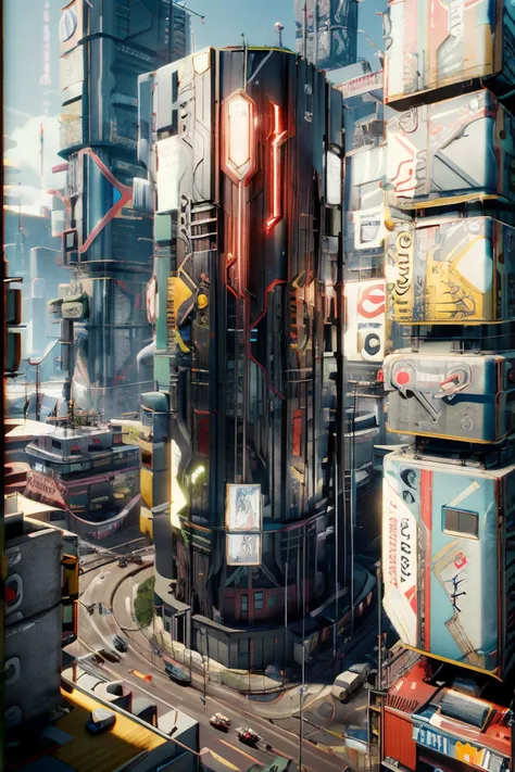 a futuristic building with a large screen and a car in the middle of the building and a lot of lights, Eve Ryder, unreal engine 5 rendered, concept art, retrofuturism, building, city, long_hair, scenery, 2077_Style, <lora:2077_Style:1>