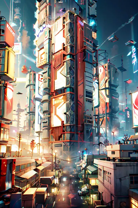 a futuristic building with a large screen and a car in the middle of the building and a lot of lights, Eve Ryder, unreal engine 5 rendered, concept art, retrofuturism, building, city, long_hair, scenery, 2077_Style, <lora:2077_Style:1>