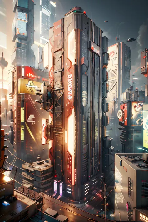 a futuristic building with a large screen and a car in the middle of the building and a lot of lights, Eve Ryder, unreal engine 5 rendered, concept art, retrofuturism, building, city, long_hair, scenery, 2077_Style, <lora:2077_Style:1>