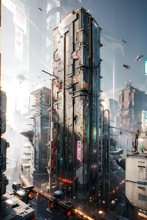 a futuristic building with a large screen and a car in the middle of the building and a lot of lights, Eve Ryder, unreal engine 5 rendered, concept art, retrofuturism, building, city, long_hair, scenery, 2077_Style, <lora:2077_Style:1>