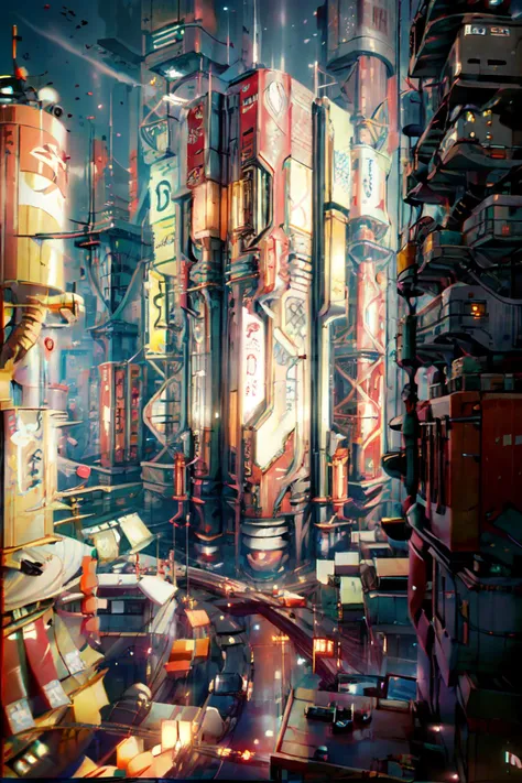 a futuristic building with a large screen and a car in the middle of the building and a lot of lights, Eve Ryder, unreal engine 5 rendered, concept art, retrofuturism, building, city, long_hair, scenery, 2077_Style, <lora:2077_Style:1>