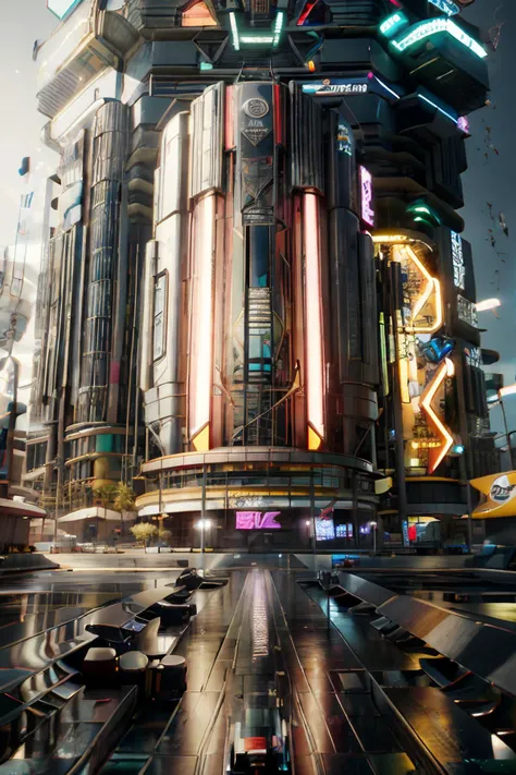 a futuristic building with a large screen and a car in the middle of the building and a lot of lights, Eve Ryder, unreal engine 5 rendered, concept art, retrofuturism, building, city, long_hair, scenery, 2077_Style, <lora:2077_Style:1>