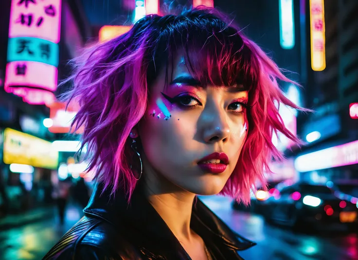 (a girl with a beautiful face), nighttime, cyberpunk city, dark, raining, neon lights , (<lora:2077_Style:0.5>), cyberpunk, synthwave, 1980s, futurism, brutalism, neuromancer, cinematic photo in Taiwan, detailed hair, wild hair, pink hair,((pinkfong baby shark))