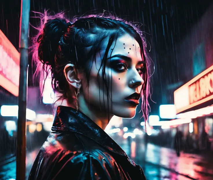 (a girl with a beautiful face), nighttime, cyberpunk city, dark, raining, neon lights , (<lora:2077_Style:0.5>), cyberpunk, synthwave, 1980s, futurism, brutalism, neuromancer, cinematic photo, in a freak show,, art by Agnes Cecile,Pastels, Chiaroscuro