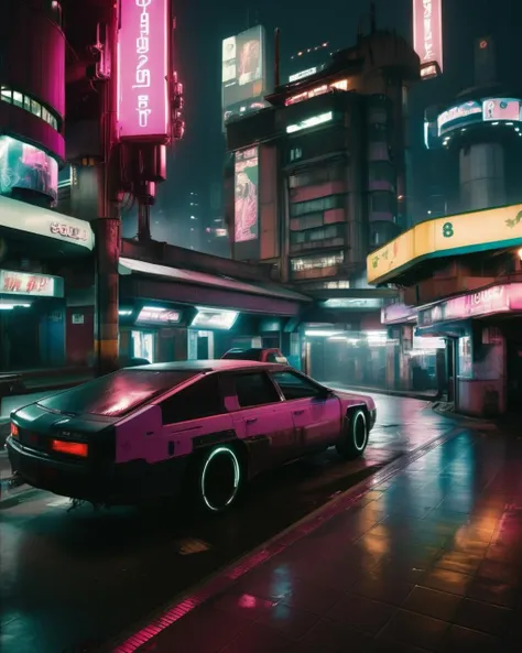 A car driving down a city street at night in the rain - SeaArt AI
