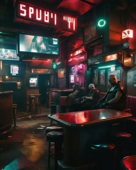 accidental photography in a cyberpunk pub<lora:2077_Style:1.0>