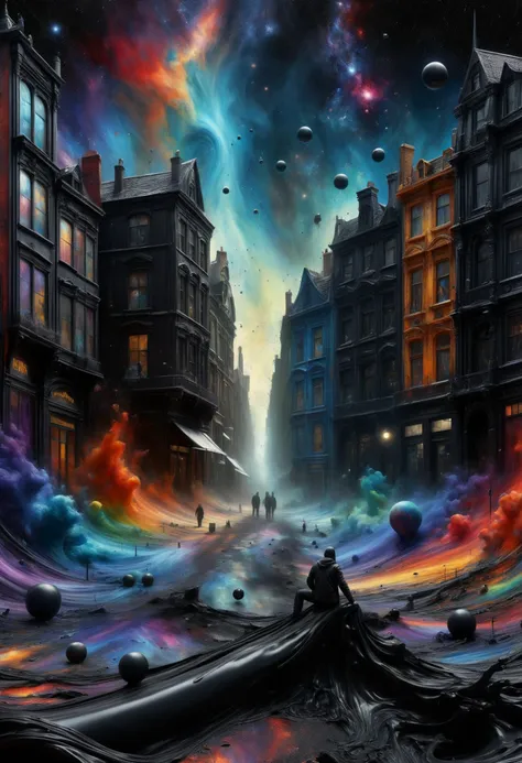 DonMP41n717Bl4ckXL hyper detailed masterpiece, dynamic realistic digital art, awesome quality,imaginative arkham,challenge town square,weird philosophy forum caustics rendering,nebula, museums,enveloping,nebulaic,subdued,fictional, vibrant colours, black paint <lora:DonMP41n717Bl4ckXL-000008:1>