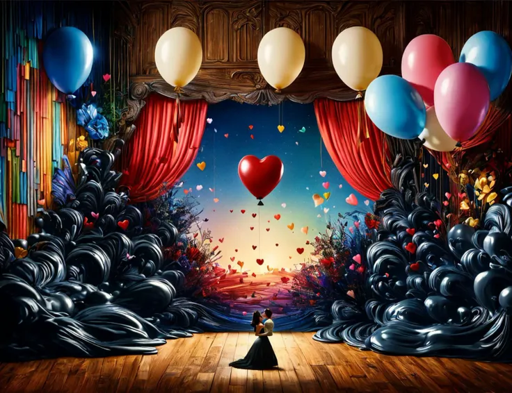 masterpiece illustration, detailed,DonMP41n717Bl4ck valentines day, cartoon, rustic, balloons, the lady and the tramp, luxury hotel suite, dancing cheek to cheek in the moonlight, soft, dimmed lights <lora:DonMP41n717Bl4ck:1>