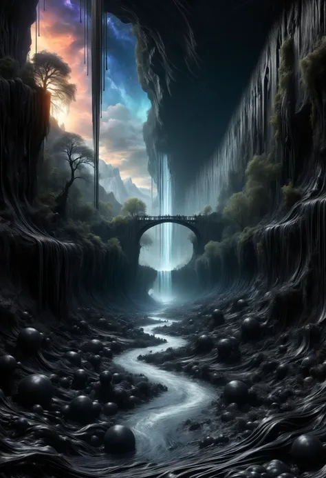 DonMP41n717Bl4ckXL hyper detailed masterpiece, dynamic realistic digital art, awesome quality,precision underground river,twilight rivendell,stygian generator procedural sky,gravity manipulation, silent <lora:DonMP41n717Bl4ckXL-000008:1>